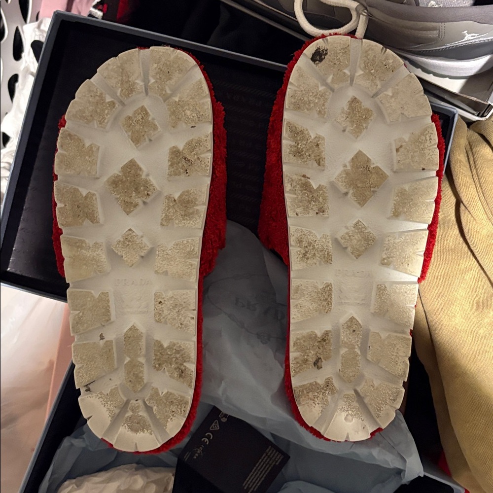 Prada Red Fuzzy Slide Sandals - Picture 9 of 9